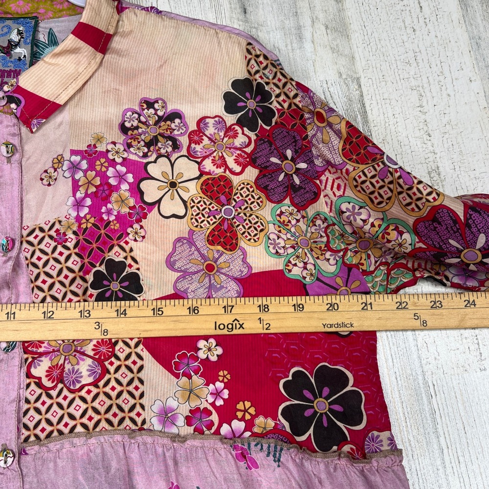 Johnny Was Silk Patchwork Floral Yama Jasmine Tiered Dress Women Large MSRP $248 - Picture 14 of 16